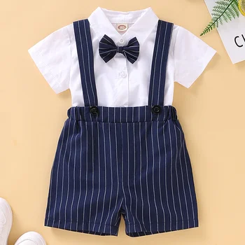 0-24 חודשים יילוד תינוק תלבושת כותנה פסים הדפס העניבה שרוול קצר כפתור רומפר רצועת קצרים 2pcs תלבושות