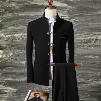 2 יח 'הגדרת עמוד צווארון בלייזרס' קט מכנסיים / 2023 אופנה חדשה גברים מזדמנים בוטיק עסקי מוצק צבע החליפה מעיל מכנסיים