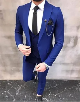 2020 כחול רויאל שיא דש חתונה חליפות גברים ערב מסיבת נשף החתן בהתאמה אישית Slim Fit מזדמן חליפות גברים