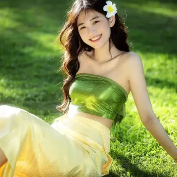 2023 חדש קיץ נשים סטרפלס וחצאית 2-Piece סט ארוך Ao דאי תאילנדי השמלה Pha חטא וייטנאמי מסורתי שמלות