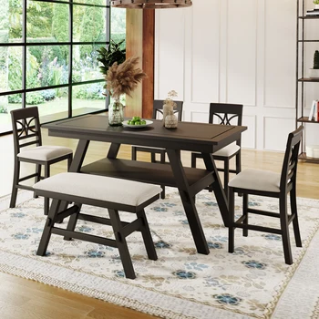 6 חתיכות עץ מונה גובה שולחן האוכל מסודר עם אחסון מדף, שולחן מטבח מסודר עם ספסל ו-4 כיסאות,בסגנון כפרי