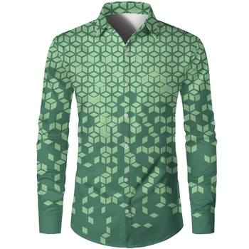 אביב קיץ חיצונית מקרית ארוך שרוולים סוודר 3d ירוק צבע גיאומטריים הדפסה מעצב דש כפתור הוואי גברים החולצה