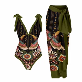 בציר ירוק כהה הדפסה ביקיני סטים של בגדי ים & חצאית נשים Lace-Up ללא משענת חתיכה אחת חג בגדי ים 2023 חוף, בגדי ים.