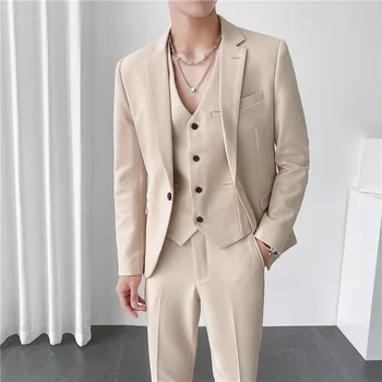 גברים חליפה 3 חלקים מוצק צבע סלים מתאים לעסקים פנאי מסחרי חתונה, נשף שמלות מעיל האפוד עם מכנסיים