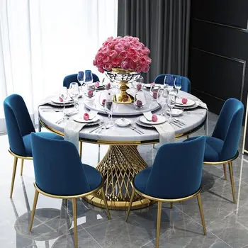 הפוסט-מודרנית שיש שולחן אוכל, כיסא משולב, אור יוקרה פשוטה נירוסטה משק בית עגול שולחן האוכל