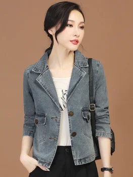 חליפת צווארון עם שרוולים ארוך ג 'ינס מעילי נשים 2023 אביב חדש קוריאני אופנה מגוונים סלים ג' קט קליל מקסימום נשים בגדים