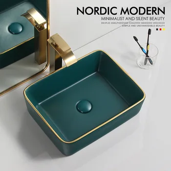 ירוק זהב אופנה בסגנון נורדי הכיור יוקרה קרמיקה יד אגן מודרני מושלם lavabo איכות גבוהה שירותים אגן 600*340