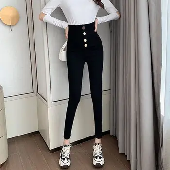 נשים 2023 חדש האביב, סתיו סגנון קוריאני גבוהה המותניים עיפרון מכנסיים אופנה מקרית מוצק Silm מכנסיים ארוכים ביגוד D111