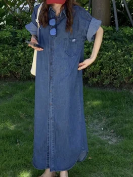 נשים טלאים שרוול קצר ג 'ינס שמלת וינטג' אופנת רחוב בודד עם חזה שמלות 2023 קיץ אופנה חדשה Vestido H159